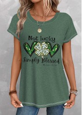 Green tops,Saint Patrick tops,Plants tops,Heart tops,Letter tops,ROTITA Saint Patrick's Day Print Green Round Neck T Shirt