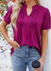 Dark Reddish Purple tops,Plain Color tops,Tuck Stitch Dark Reddish Purple Split Neck T Shirt