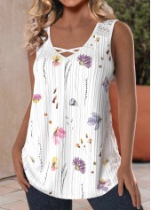 White tops,Floral tops,Plants tops,ROTITA Lace Floral Print White V Neck Tank Top
