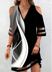 ROTITA Mesh Geometric Print Black A Line V Neck Dress