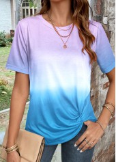 Light Purple tops,Sky Blue tops,Ombre tops,ROTITA Twist Ombre Light Purple Round Neck T Shirt