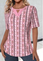 Pink tops,Tribal tops,Striped tops,Geometric tops,Floral tops,ROTITA Cut Out Tribal Print Pink Round Neck T Shirt
