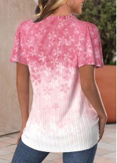 Pink tops,Light Pink tops,Floral tops,Plants tops,ROTITA Button Floral Print Pink Split Neck Short Sleeve Blouse