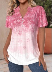 Pink tops,Light Pink tops,Floral tops,Plants tops,ROTITA Button Floral Print Pink Split Neck Short Sleeve Blouse