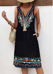 Black dresses,Tribal dresses,Floral dresses,Plants dresses,Geometric dresses,Everyday dresses,Casual dresses,ROTITA Breathable Tribal Print Black A Line Split Neck Dress