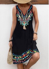 ROTITA Breathable Tribal Print Black A Line Split Neck Dress