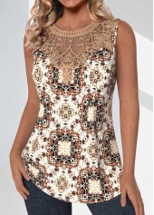 Light Coffee tops,Tribal tops,Geometric tops,ROTITA Patchwork Tribal Print Light Coffee Round Neck Tank Top