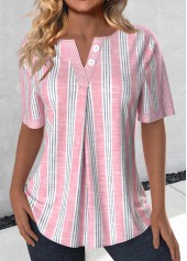 Rotita - Blouse à manches courtes et col fendu rose clair à rayures boutonnées