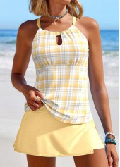 Light Yellow swimwear,Plaid swimwear,Striped swimwear,Geometric swimwear,ROTITA Cut Out Light Yellow Plaid Tankini Set