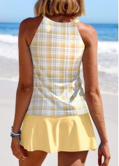 Light Yellow swimwear,Plaid swimwear,Striped swimwear,Geometric swimwear,ROTITA Cut Out Light Yellow Plaid Tankini Set