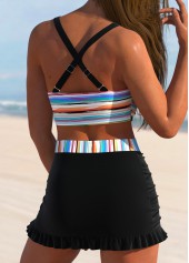 Black swimwear,Rainbow Color swimwear,Striped swimwear,Geometric swimwear,ROTITA Surplice Black Multi Stripe Print Bikini Set