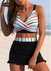 Black swimwear,Rainbow Color swimwear,Striped swimwear,Geometric swimwear,ROTITA Surplice Black Multi Stripe Print Bikini Set
