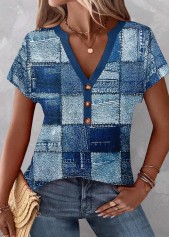 Blue tops,Geometric tops,Plaid tops,Denim-Effect Print tops,ROTITA Button Geometric Print Blue Split Neck Short Sleeve Blouse