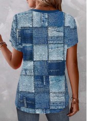 Blue tops,Geometric tops,Plaid tops,Denim-Effect Print tops,ROTITA Button Geometric Print Blue Split Neck Short Sleeve Blouse