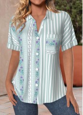 Rotita-Taschen-gestreifte grüne Hemdkragen-Kurzarmbluse