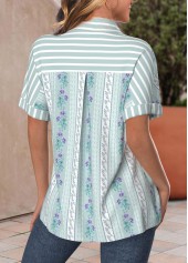 Green tops,Striped tops,Geometric tops,Tribal tops,Floral tops,ROTITA Pocket Striped Green Shirt Collar Short Sleeve Blouse