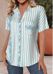 Green tops,Striped tops,Geometric tops,Tribal tops,Floral tops,ROTITA Pocket Striped Green Shirt Collar Short Sleeve Blouse