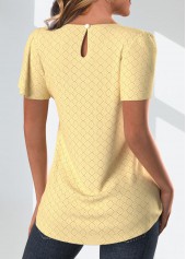 Light Yellow tops,Plain Color tops,ROTITA Lace Light Yellow Round Neck Short Sleeve T Shirt