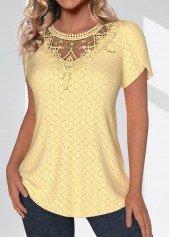Light Yellow tops,Plain Color tops,ROTITA Lace Light Yellow Round Neck Short Sleeve T Shirt
