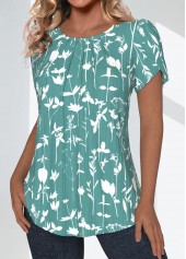 Green tops,Floral tops,Plants tops,ROTITA Tuck Stitch Floral Print Green Round Neck Blouse