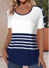 Navy tops,White tops,Striped tops,Geometric tops,ROTITA Button Striped Navy Round Neck Short Sleeve T Shirt
