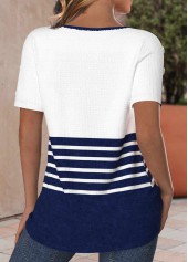 Navy tops,White tops,Striped tops,Geometric tops,ROTITA Button Striped Navy Round Neck Short Sleeve T Shirt