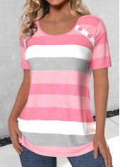 Light Pink tops,Pink tops,Striped tops,Geometric tops,ROTITA Button Striped Light Pink Round Neck T Shirt