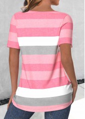 Light Pink tops,Pink tops,Striped tops,Geometric tops,ROTITA Button Striped Light Pink Round Neck T Shirt