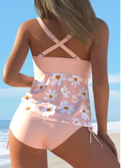 Light Pink swimwear,Floral swimwear,Plants swimwear,ROTITA Ruched Light Pink Floral Print Tankini Set