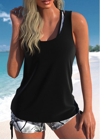 Black swimwear,White swimwear,Floral swimwear,Plants swimwear,ROTITA Layered Black Floral Print Mid Waisted Tankini Set