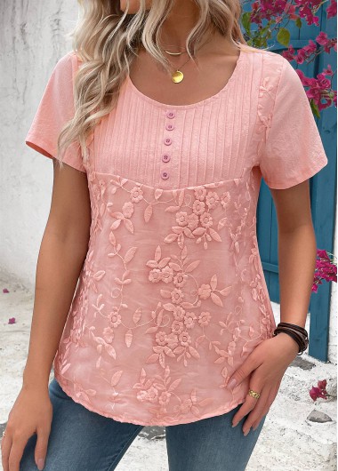 Light Pink tops,Plain Color tops,Tuck Stitch Light Pink Round Neck Short Sleeve Blouse