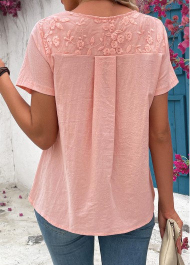 Light Pink tops,Plain Color tops,Tuck Stitch Light Pink Round Neck Short Sleeve Blouse
