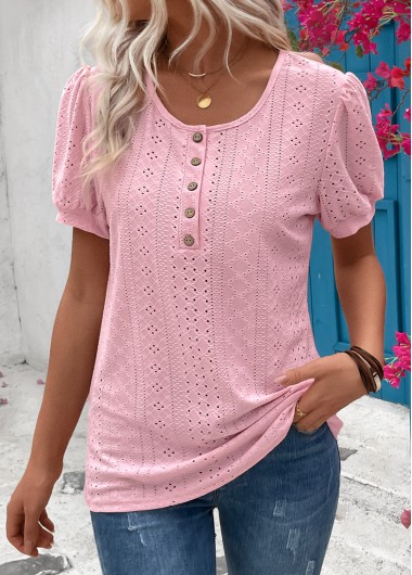 Pink tops,Plain Color tops,Button Pink Round Neck Short Sleeve T Shirt