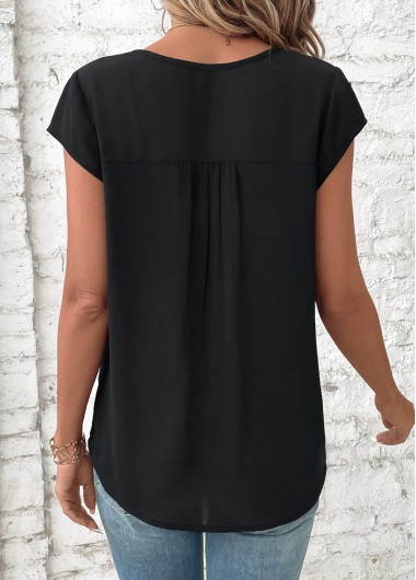 Black tops,Plain Color tops,ROTITA Patchwork Black V Neck Short Sleeve Blouse