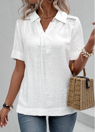 White tops,Plain Color tops,ROTITA Lace White Shirt Collar Short Sleeve Blouse