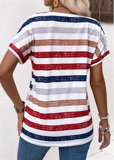 Multi Color tops,Striped tops,Geometric tops,ROTITA Button Striped Multi Color V Neck T Shirt