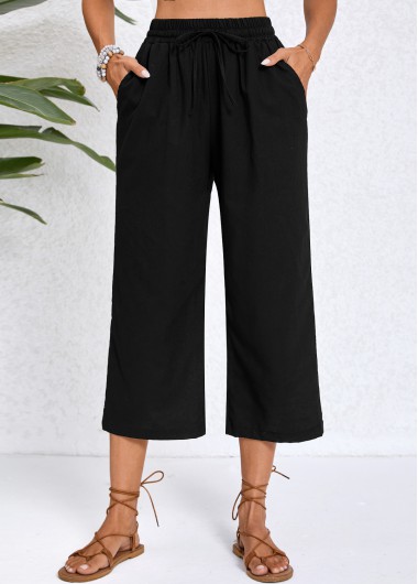 Black bottoms,Plain Color bottoms,Black Elastic Waist Pocket High Waisted Pants