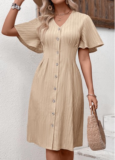 Light Camel dresses,Plain Color dresses,Everyday dresses,Casual dresses,ROTITA Textured Fabric Light Camel V Neck Short Sleeve Dress