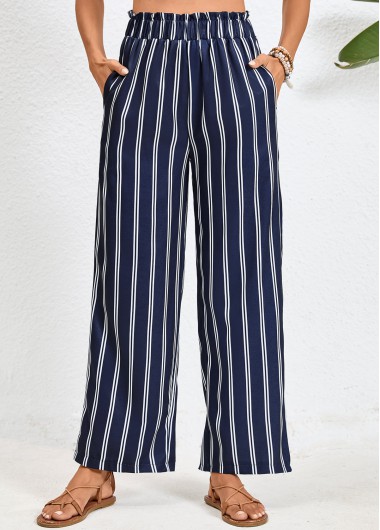 Navy bottoms,White bottoms,Striped bottoms,Geometric bottoms,Double Side Pockets Striped Navy Elastic Waist Pants
