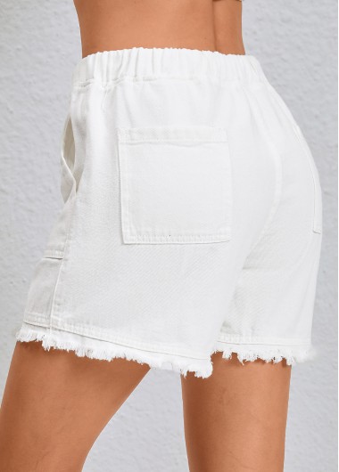 White bottoms,Plain Color bottoms,Double Side Pockets White Regular Elastic Waist Shorts