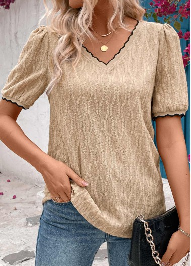 Light Camel tops,Plain Color tops,ROTITA Patchwork Light Camel V Neck Short Sleeve T Shirt
