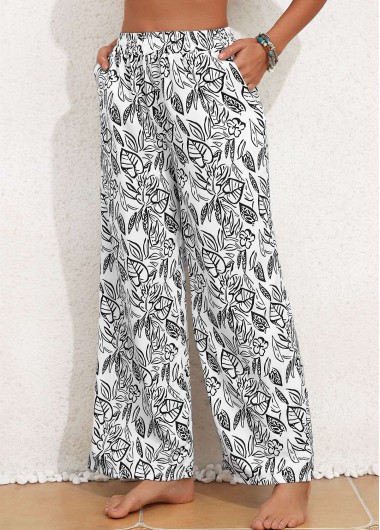 White bottoms,Black bottoms,Plants bottoms,Pocket Leaf Print White Elastic Waist High Waisted Pants
