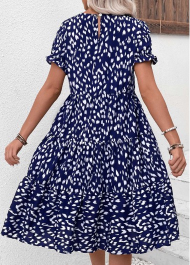 Navy dresses,Geometric dresses,Vacation dresses,Vacation dresses,Ruched Navy Round Neck Short Sleeve Dress