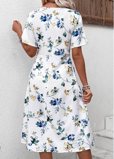 White dresses,Floral dresses,Plants dresses,Everyday dresses,Casual dresses,Floral Print White Round Neck Short Sleeve Dress