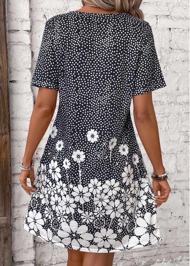 Black dresses,White dresses,Floral dresses,Plants dresses,Everyday dresses,Casual dresses,Pocket Floral Print Black Short Round Neck Dress