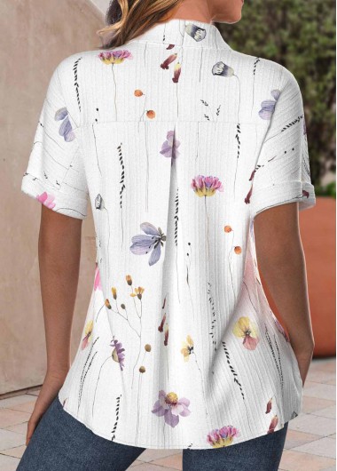 White tops,Floral tops,Plants tops,ROTITA Plus Size Textured Fabric White Floral Print Shirt