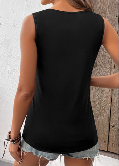 Black tops,Light Grey Marl tops,Geometric tops,ROTITA Button Geometric Print Black V Neck Sleeveless Tank Top