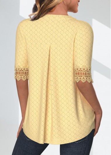 Light Yellow tops,Plain Color tops,ROTITA Patchwork Light Yellow Split Neck Short Sleeve Blouse