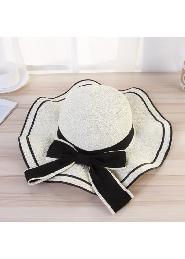 Beige accessories,Striped accessories,Geometric accessories,Bowknot Striped Beige Straw Visor Hat