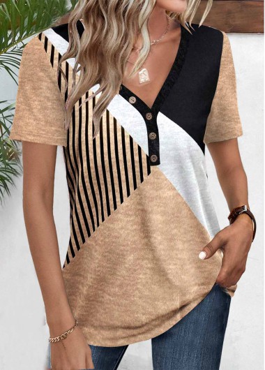 Light Camel tops,Geometric tops,Striped tops,ROTITA Patchwork Geometric Print Light Camel V Neck T Shirt